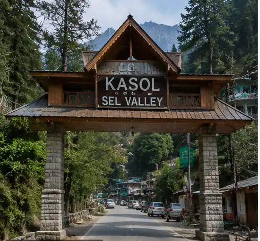 Enjoy the valley views through the entrance of Kasol with our cab service