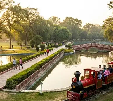 A scenic afternoon view of Rakh Bagh Park in Ludhiana, showing a red mini-train filled with passengers traveling along a track next to a calm water channel, with a pedestrian bridge and mature trees in the background.