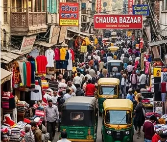 A bustling, crowded street view of Chaura Bazaar in Ludhiana, packed with shoppers, traditional clothing storefronts, hanging market signs, and green and yellow auto-rickshaws navigating the narrow road.